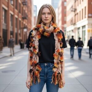 New Boho Crochet Scarf Handmade Textured Artisan Festival Earth Tone OOAK OS